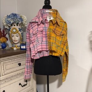 NWT 12th Tribe Crop Pink and Yellow Plaid Flannel Shirt
